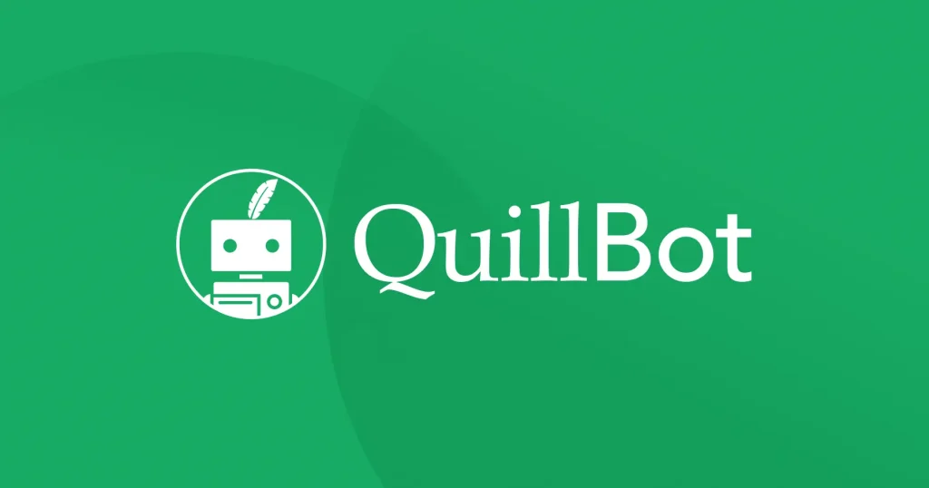 QuillBot logo featuring a robot icon with a quill on its head, representing an AI Proofreader and paraphrasing tool.