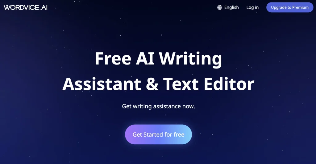 Wordvice.ai homepage displaying a “Free AI Writing Assistant & Text Editor” banner, offering AI Proofreader tools for writing improvement.