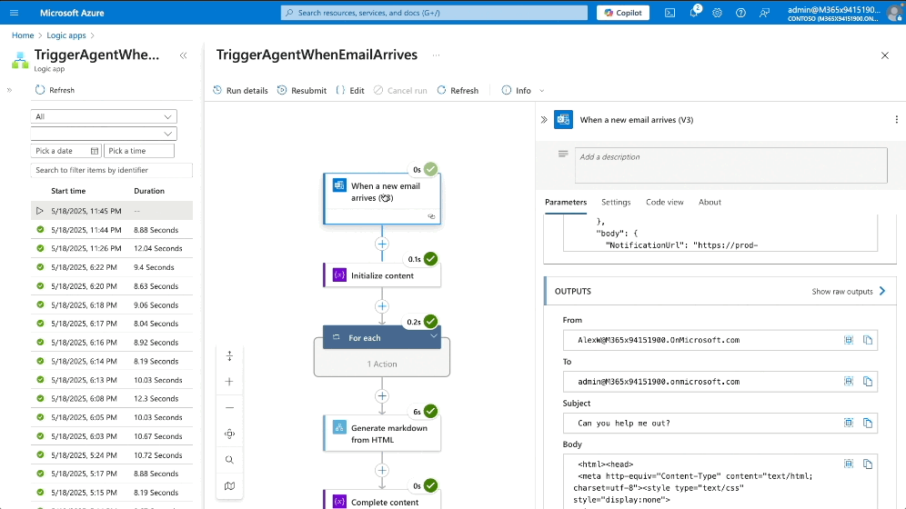 A Logic Apps workflow in the Azure portal showing an automation that triggers an AI agent when a new email arrives. The workflow steps include initializing content, iterating through actions, generating markdown from HTML, and completing the content with the AI agent.