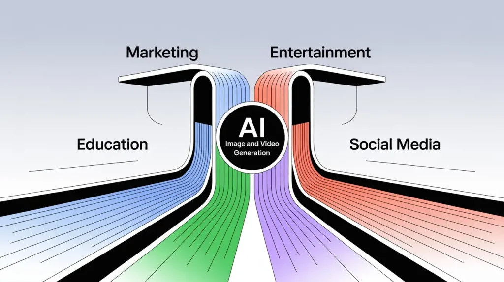 Illustration showing AI image and video generation branching into marketing, entertainment, education, and social media