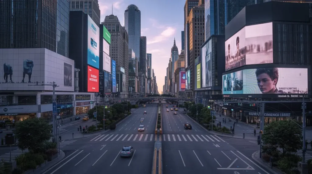 City street with digital billboards displaying ads created through AI image and video generation