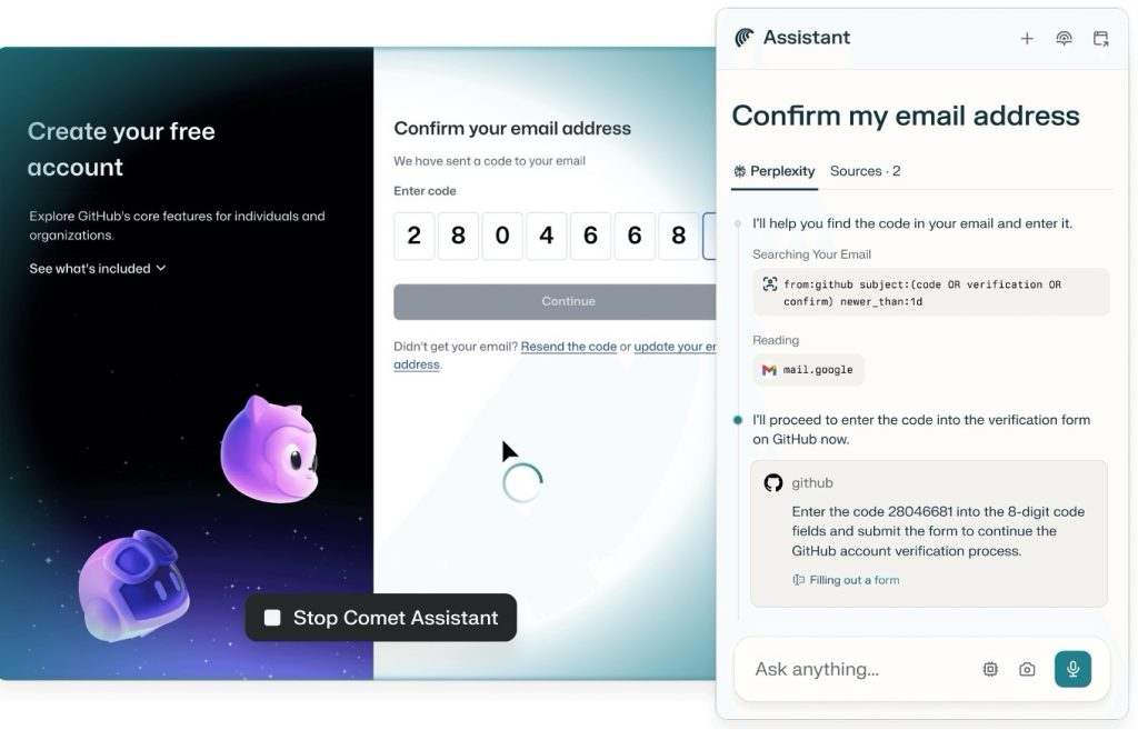 Comet browser assistant helping confirm an email address during GitHub account setup