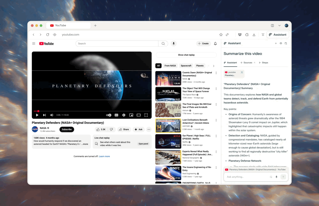 Comet browser assistant summarizing a NASA YouTube video on planetary defense