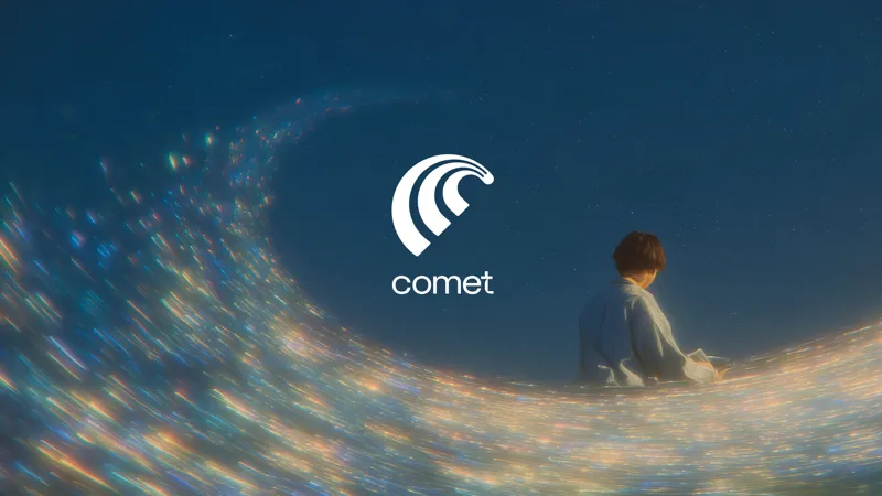 Comet browser interface showing the homepage with the Comet logo on a clean, modern browser window