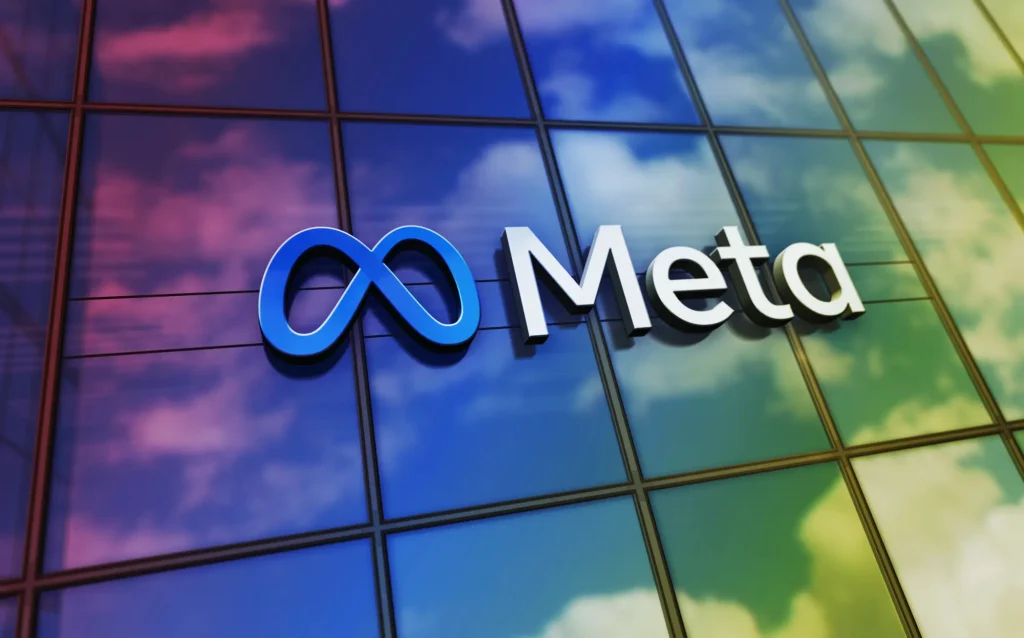 Meta logo on glass building facade, symbolizing its role in advancing AI image and video generation