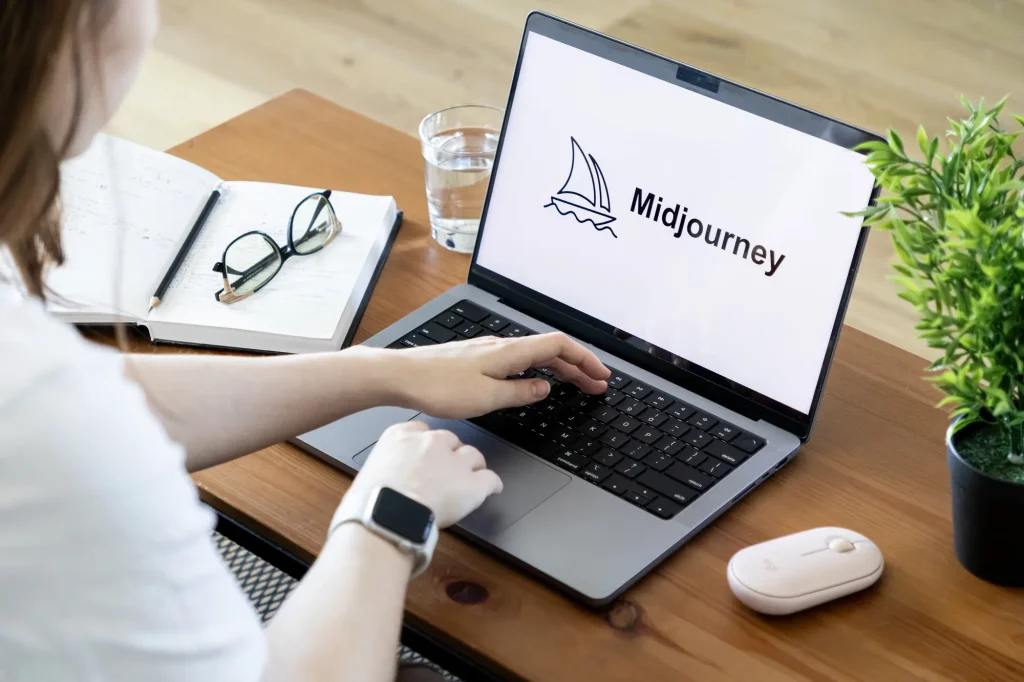 Person using a laptop with MidJourney logo on screen, representing creative work in AI image and video generation