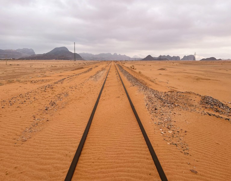 a train track in the middle of a desert