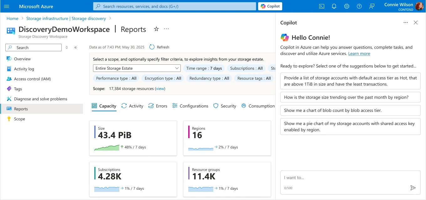 Azure Storage Discovery workspace in the Azure portal, with Copilot panel and data insights charts. 